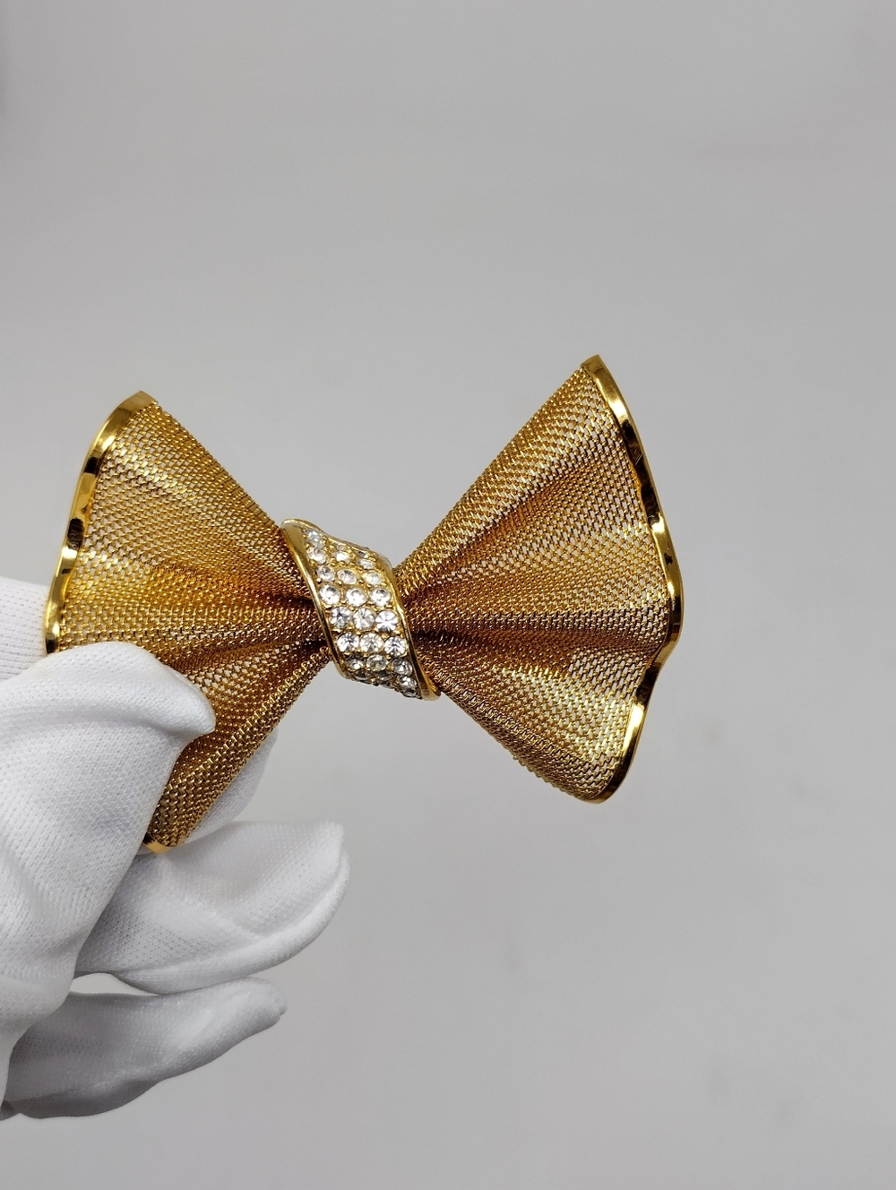 Givenchy Gold Tone Mesh Bow With CZ Crystal Brooch